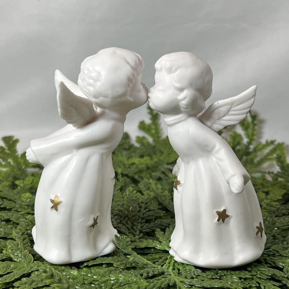Set of 2 Small Vintage Kissing Angels White with Gold Stars on Robes